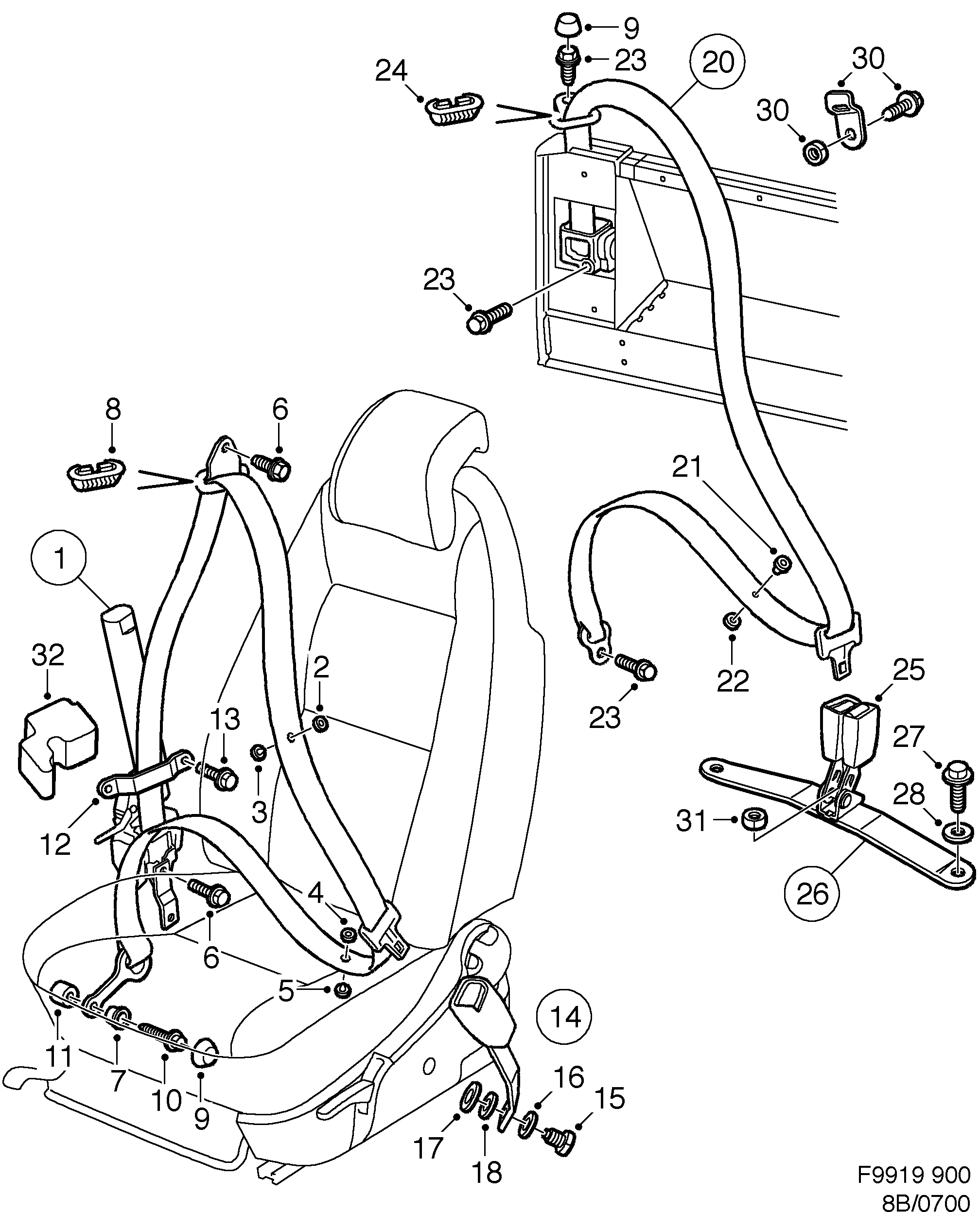 Saab 900 Safety belt Convertible diagram