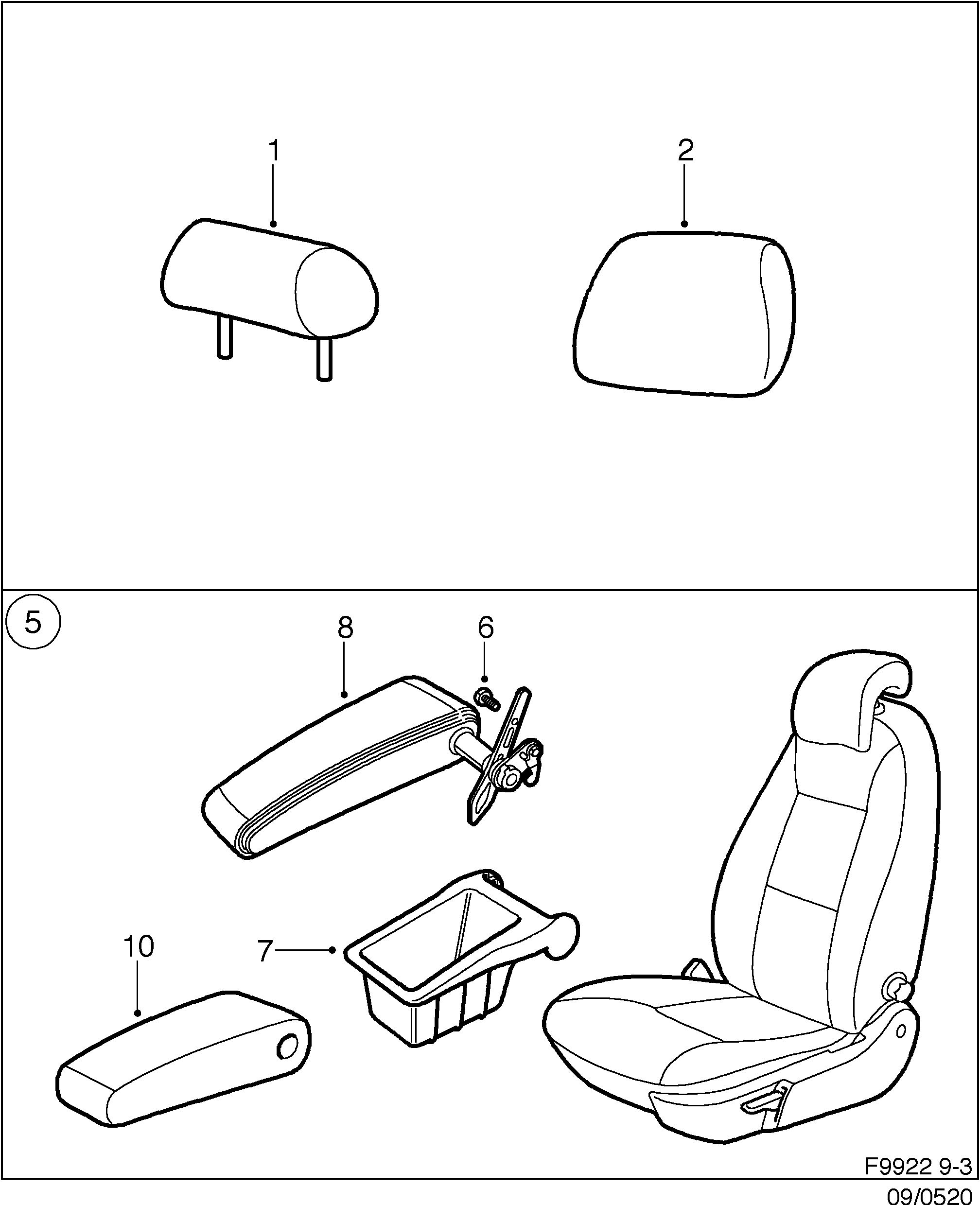 Saab 9-3 (9400) Head restraint Arm rest diagram