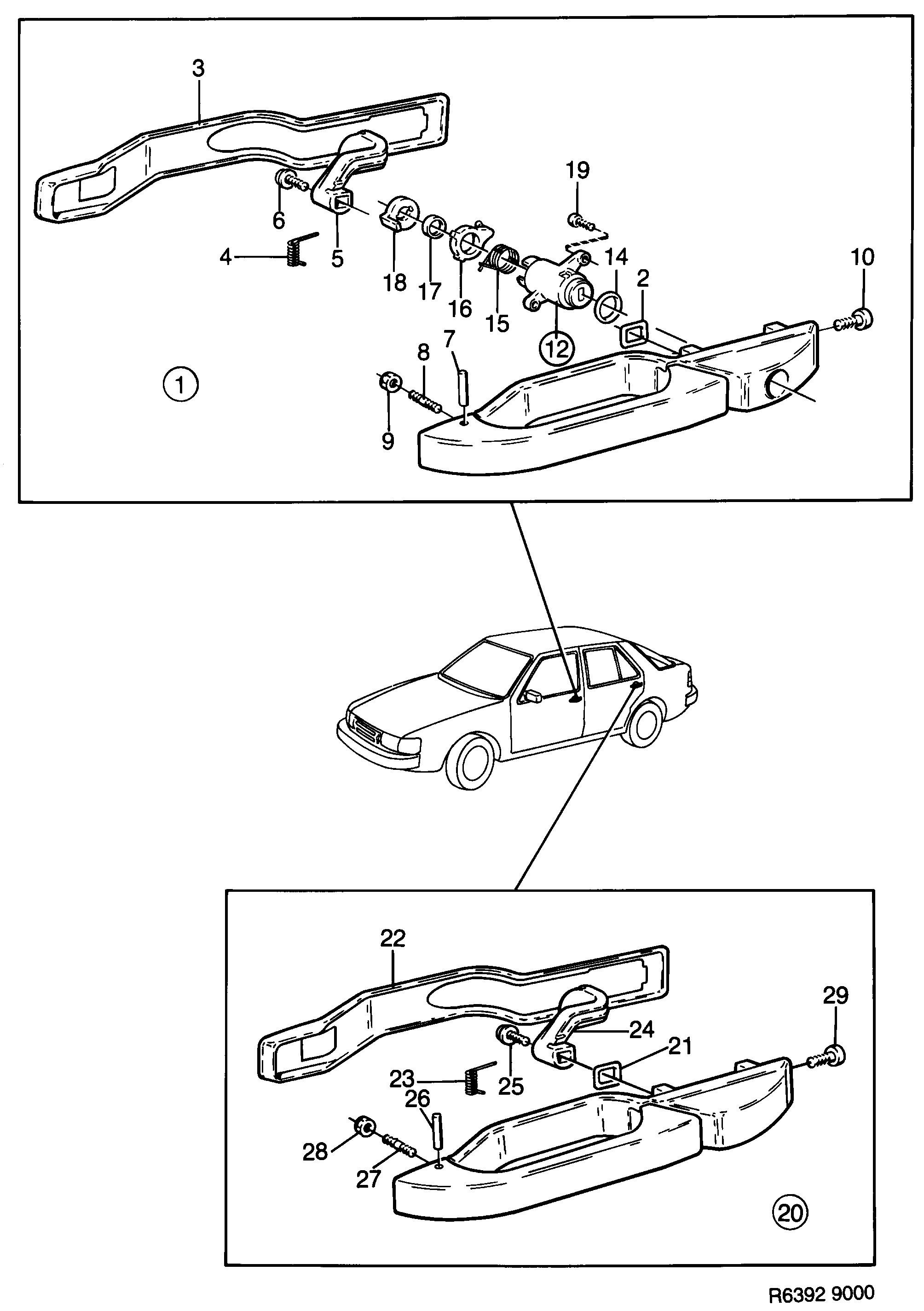 Saab 9000 Outside handle diagram