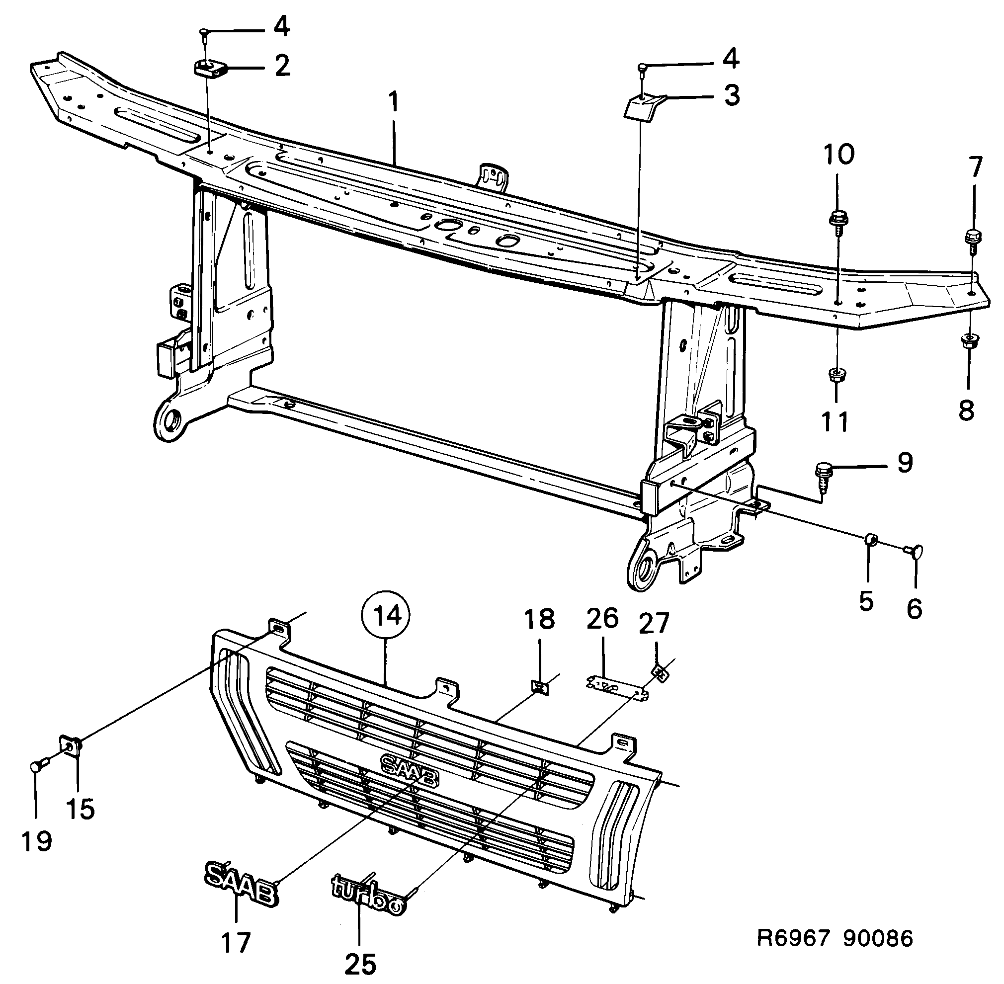 Saab 900 Front member Grille diagram