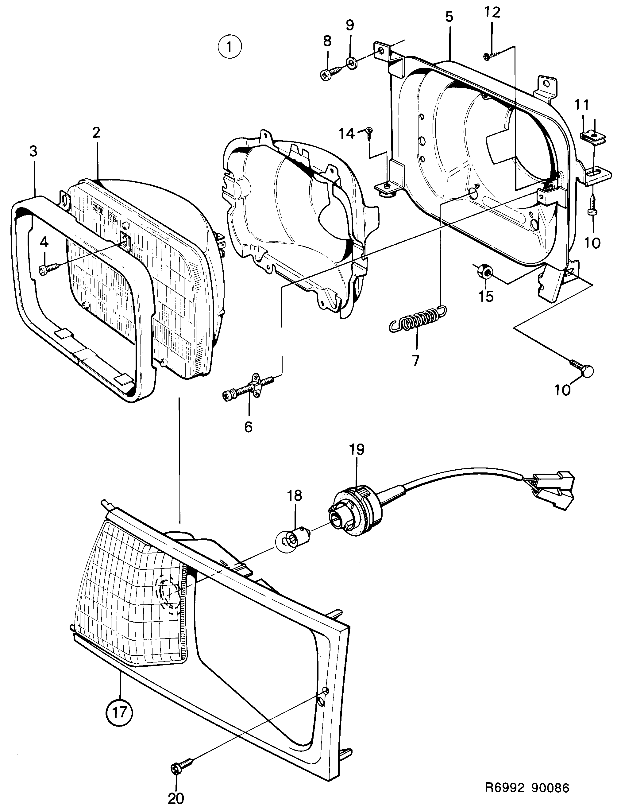 Saab 900 Headlamp, sealed beam diagram