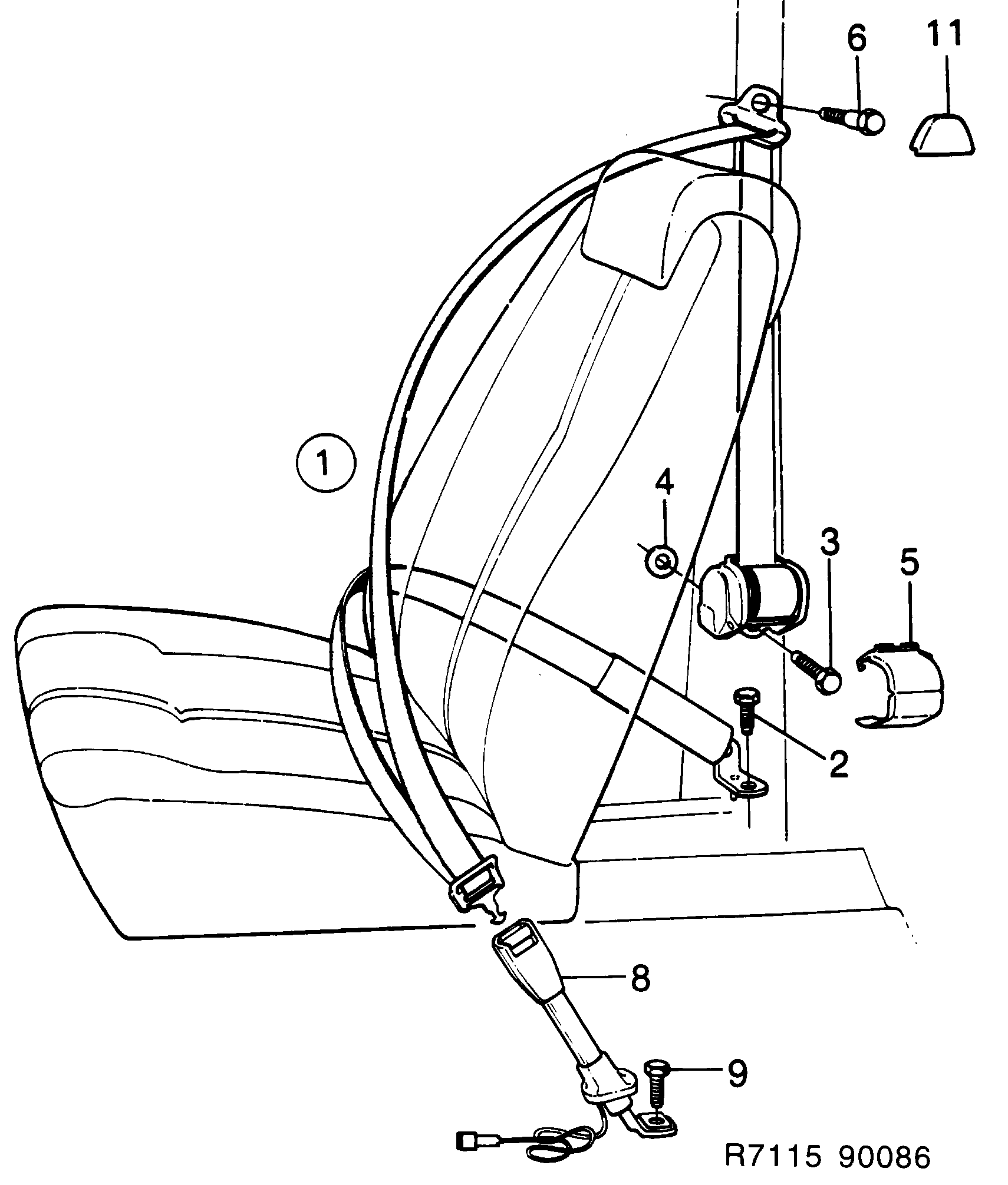 Saab 900 Safety belt, front seat diagram