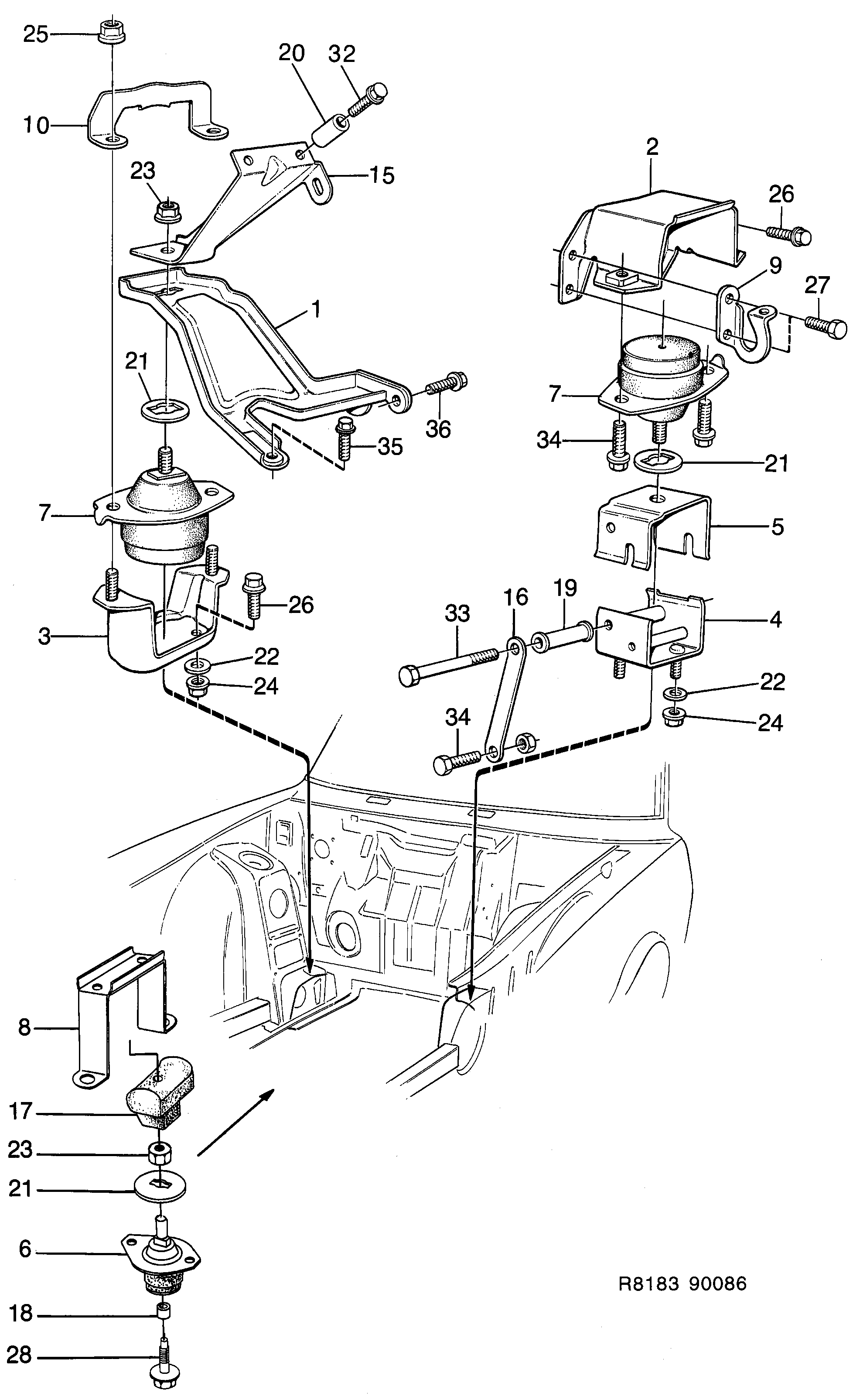 Saab 900 Engine suspension Hydraulic diagram