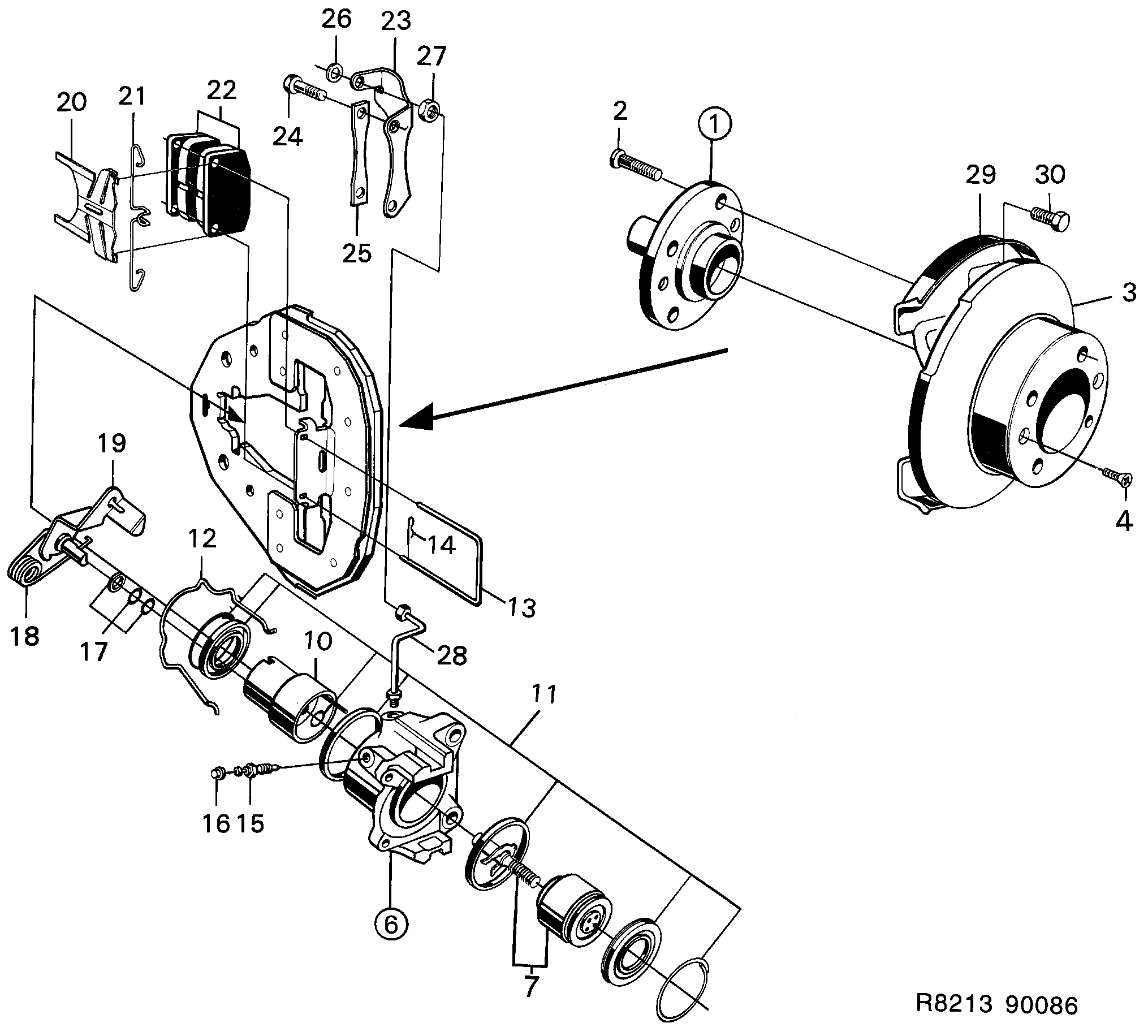 Saab 900 Front wheel brake diagram