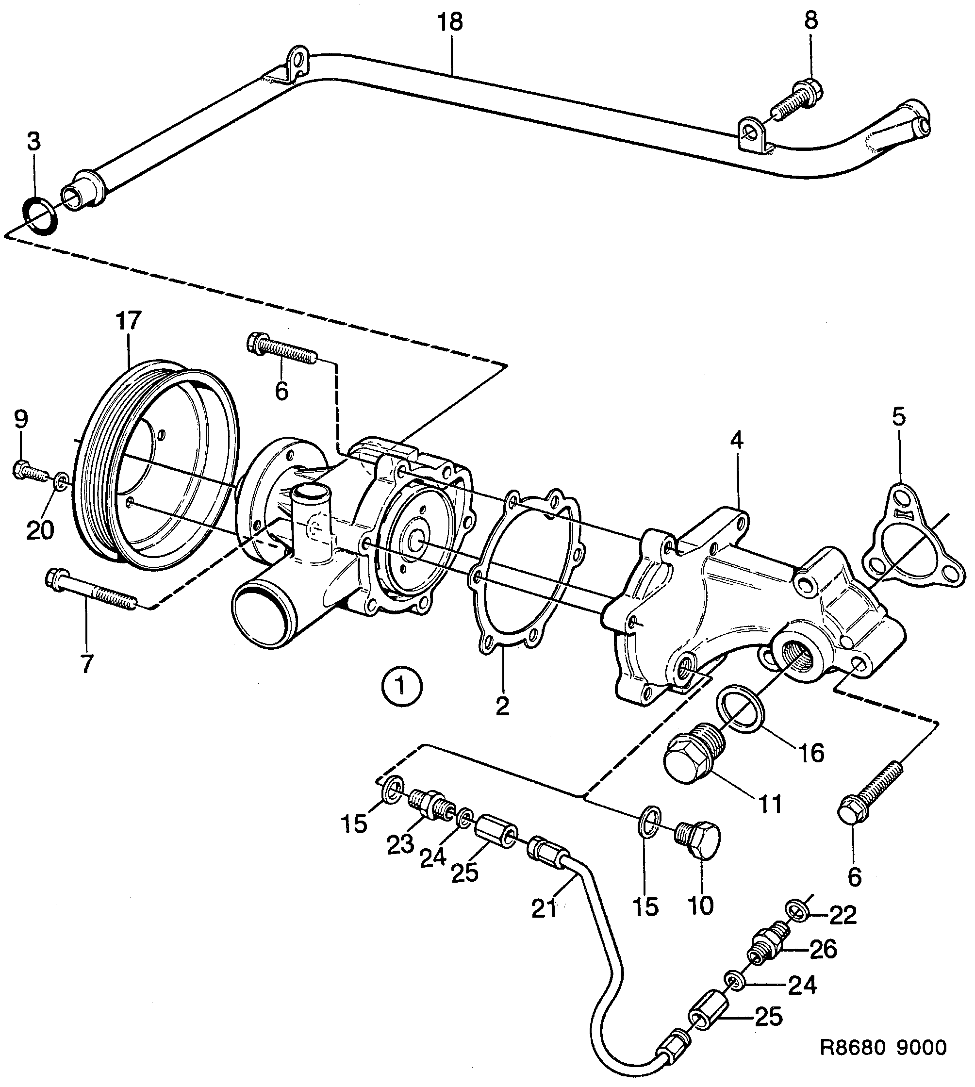 Saab 9000 Coolant pump diagram