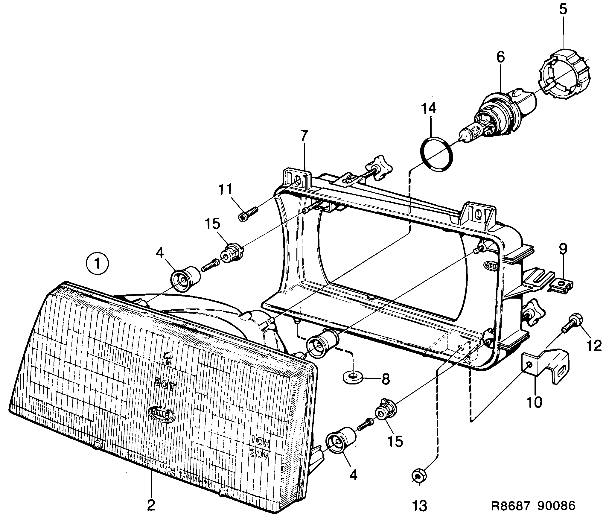 Saab 900 Headlamp, sealed beam diagram