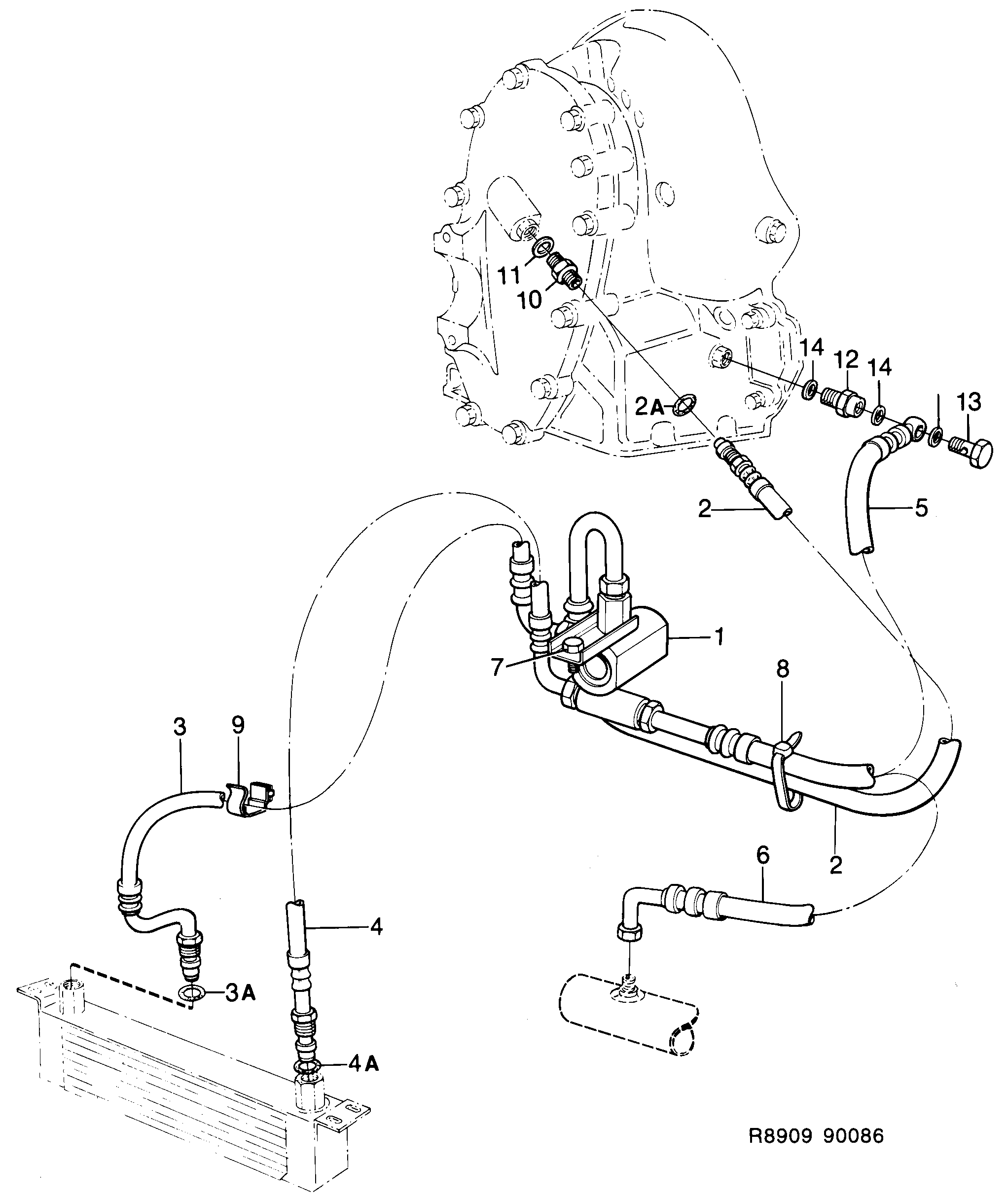 Saab 900 Thermostat, oil hoses diagram
