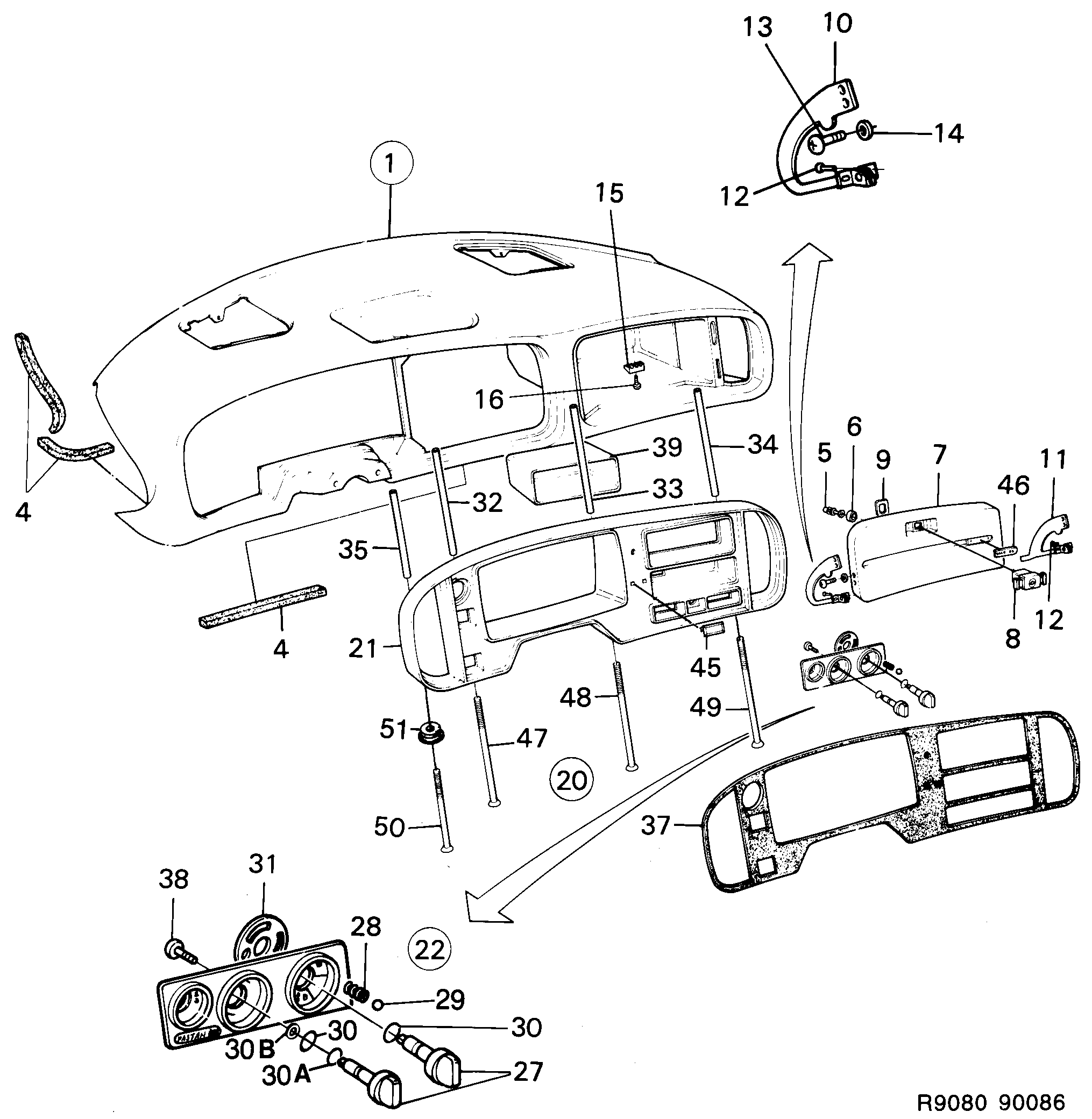 Saab 900 Panel upper Instrument plate diagram