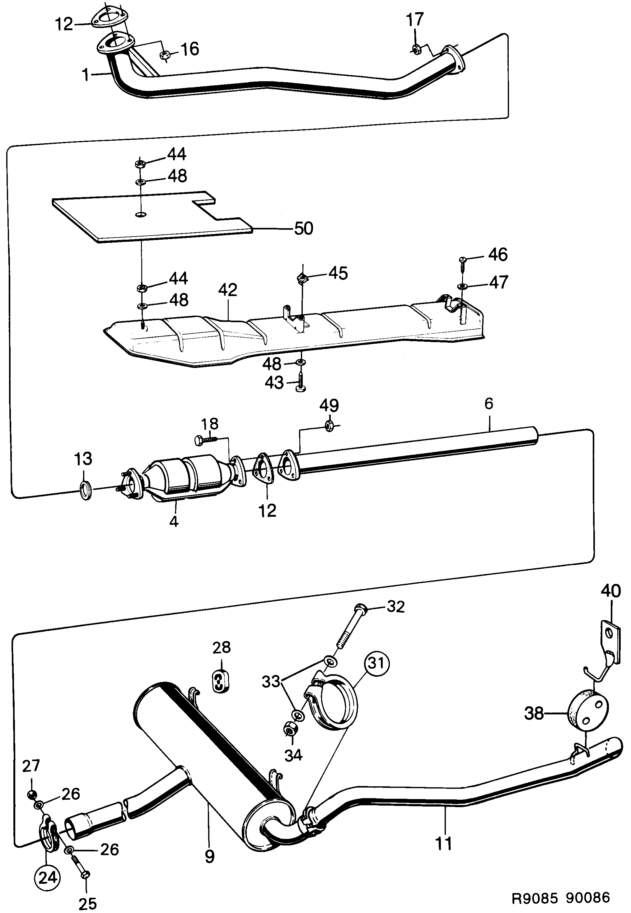 Saab 900 Exhaust system With catalytic converter diagram