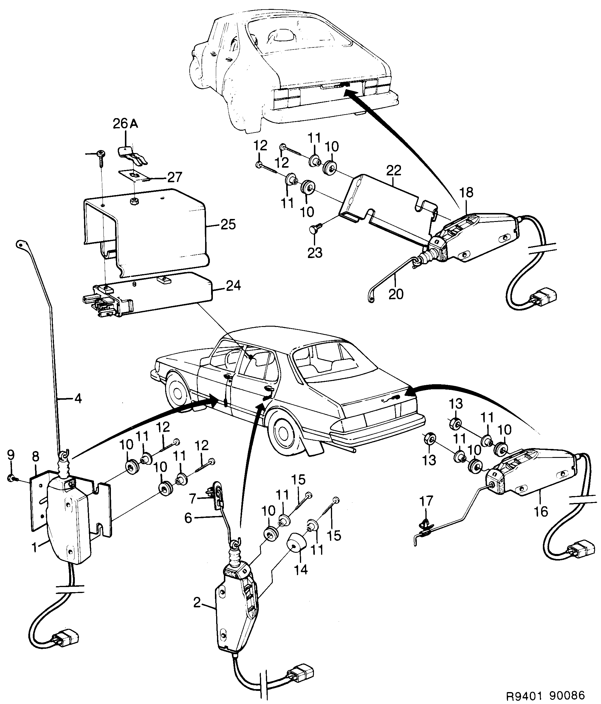 Saab 900 Central lock diagram