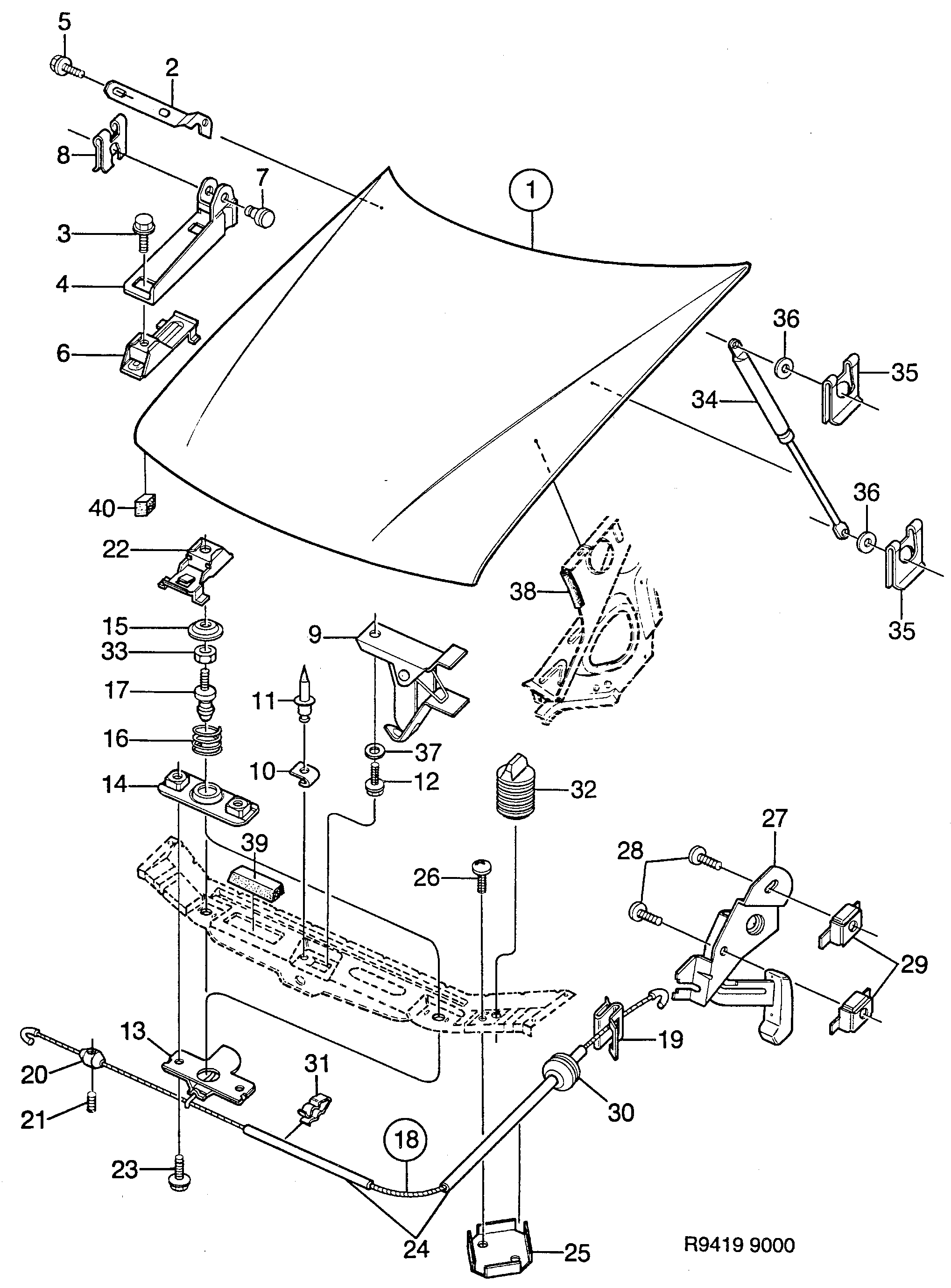Saab 9000 Hood diagram