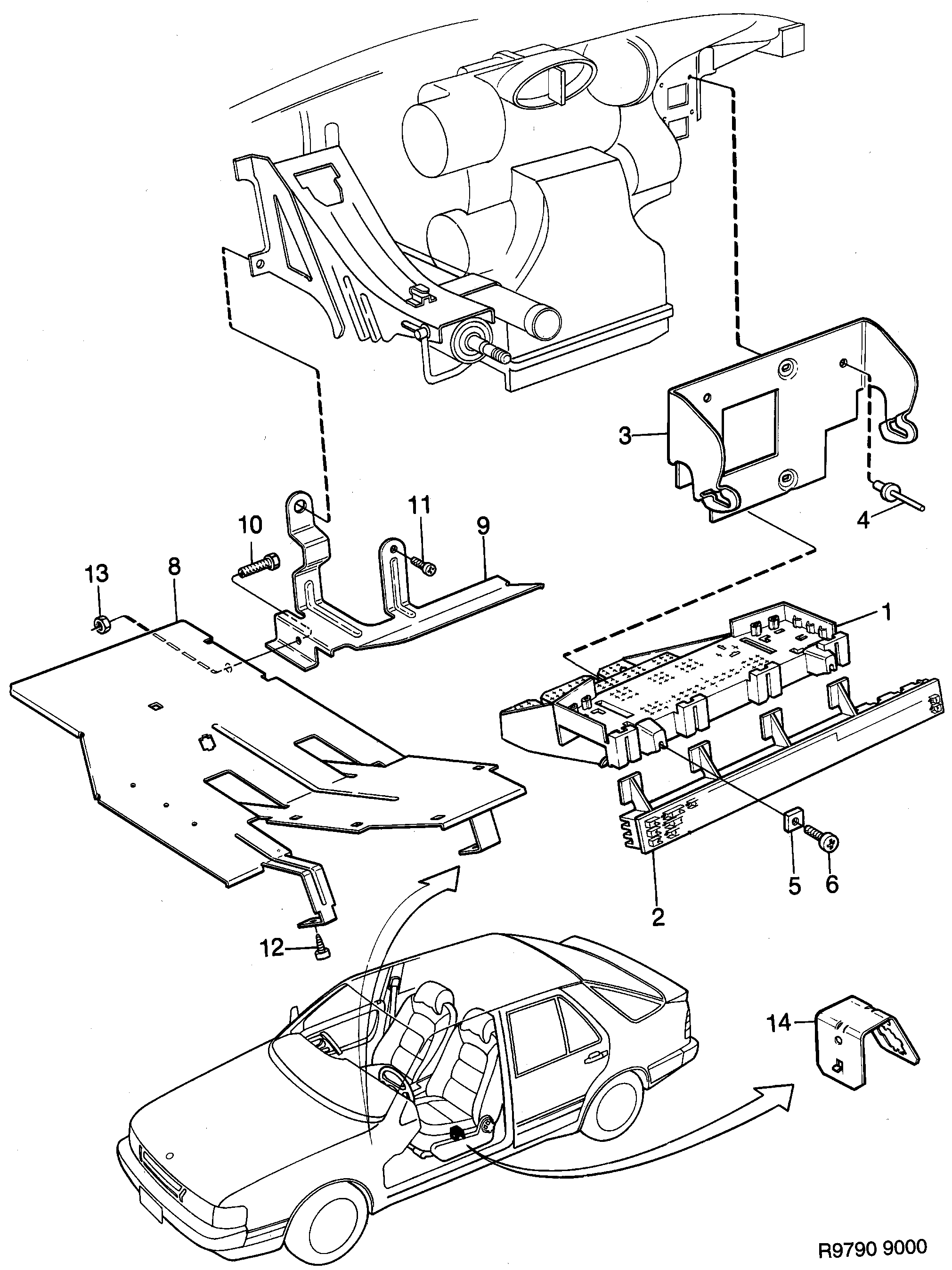 Saab 9000 Holders and brackets diagram